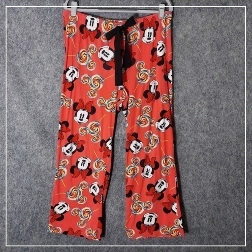 Disney Pajama Pants Women L Pink Minnie Mouse Candy Lollipop Wide Leg Lounge - Picture 1 of 10